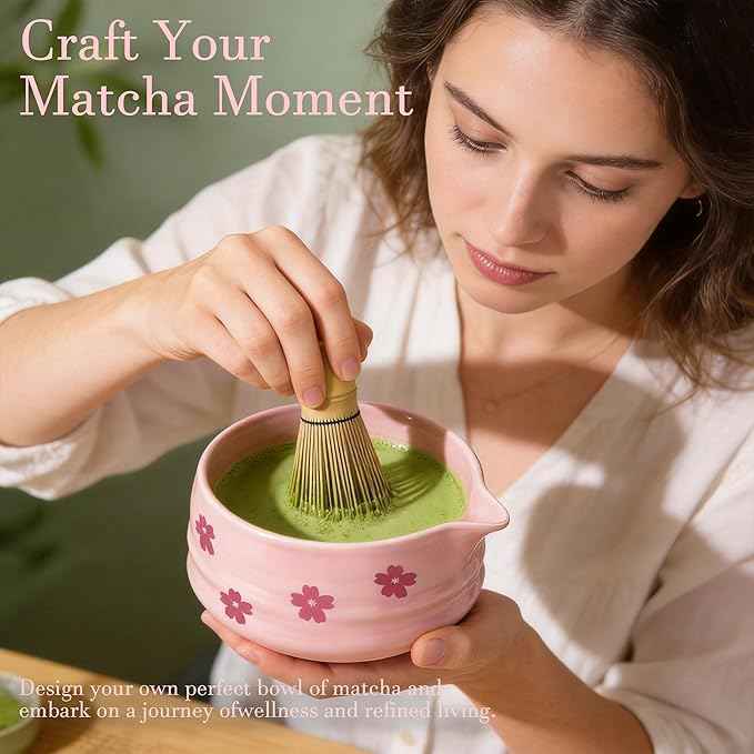 8Pcs Cute Ceramic Matcha Set with Whisk Bowl, Matcha Tea Kit Holder, Bamboo Scoop, Sifter, Towel Included, Valentine's Mother's Day Gift for Matcha Lover Women (Pink Sakura)