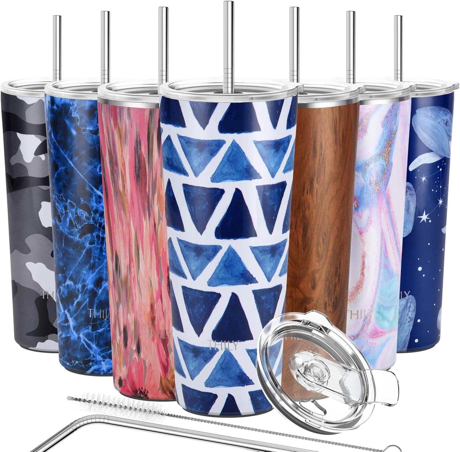 THILY Tumbler Stainless Steel Coffee Cup 26 oz Triple-Insulated Travel Mug with Splash-Proof Lid, for Iced Drinks and Hot Beverage Smoothies Cup, Blue Triangle