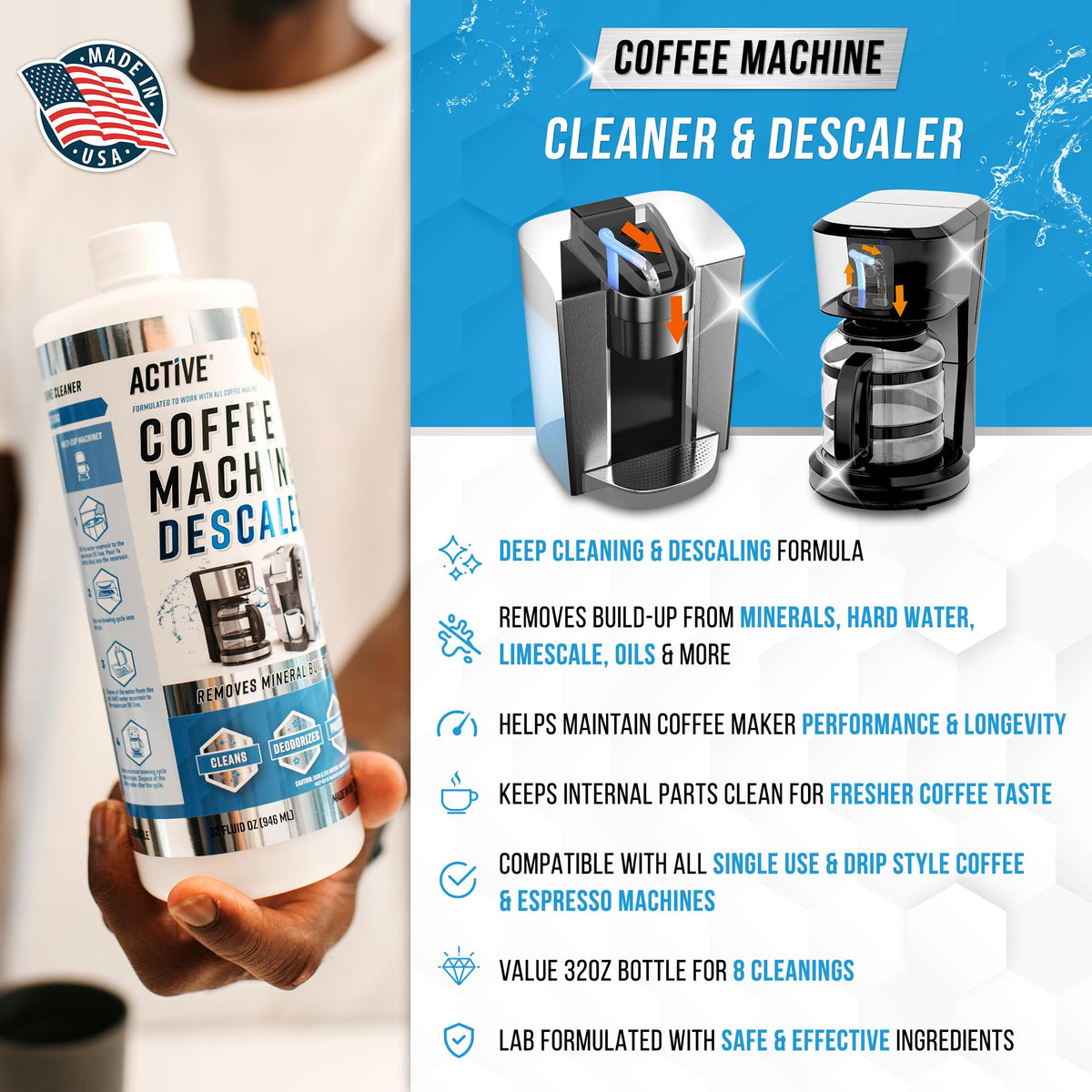 Coffee maker descaling solution, 8 uses per bottle