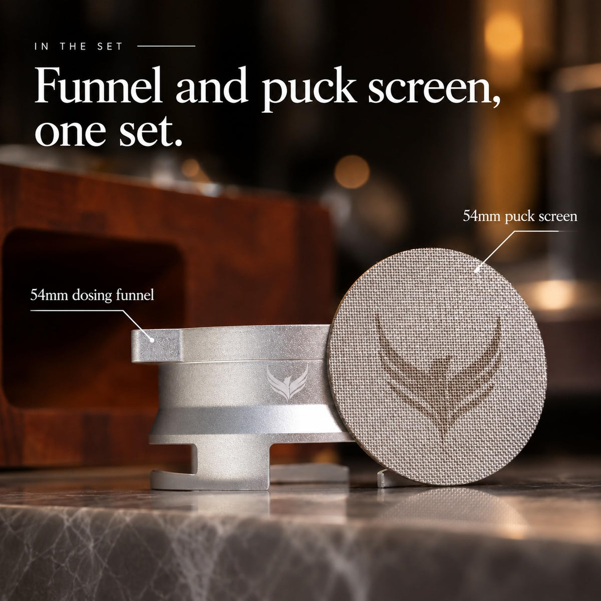 Espresso dosing funnel and puck screen shown together