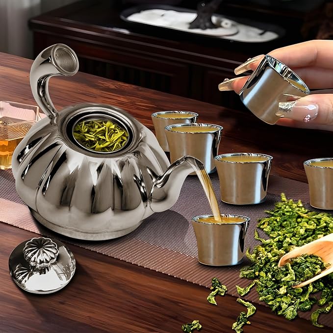 Stainless Steel Teapot with Removable Infuser - 12OZ Stovetop Safe Tea Maker Water Kettles for Loose Leaf, Small Pumpkin Tea Kettle for Coffee Tea Milk, Thickened Mirror Polished Ornaments