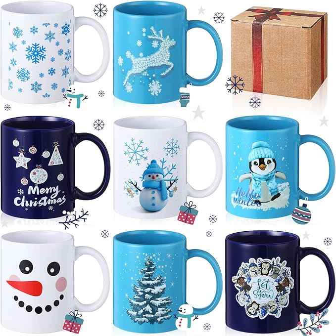 Maxdot 8 Pcs Winter Coffee Mugs 12 oz Christmas Coffee Mugs Set with Handle Ceramic Matching Mugs for Home School Office Table Centerpieces House Warming Holiday Party Gift