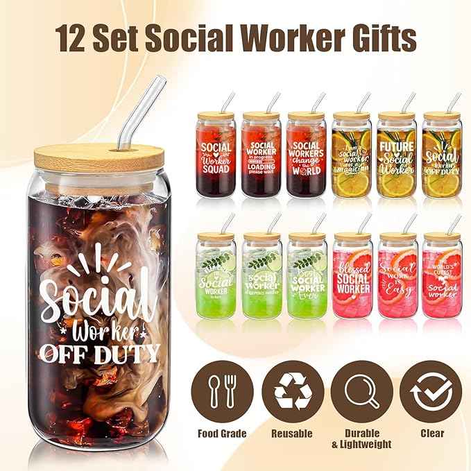 12 Set Social Worker Appreciation Gifts Bulk Christmas Gifts for Social Worker Employee Coworker Team Staff Thank You Gifts Glass Cups 16 oz with Lids Straws Brushes and Gift Cards