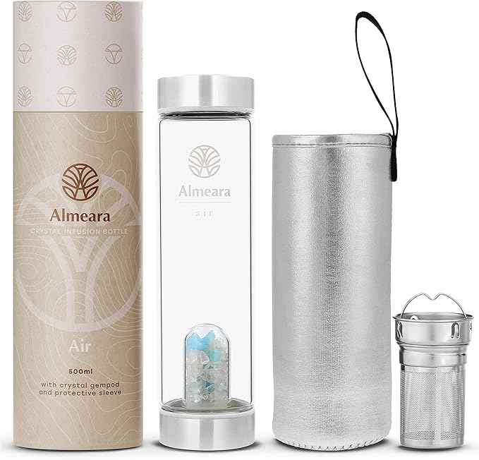 Almeara Crystal Water Bottle with Authentic Aquamarine Stones and Clear Quartz Removable Gemstones, Loose Leaf Tea Infuser - Relaxation, Healing & Spiritual Gifts for Women - Witchcraft Supplies