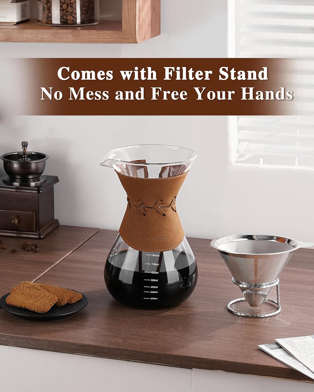 Pour Over Coffee Maker with Double-Layer Stainless Steel Filter - 27 oz Pour Over Coffee Dripper with Leather Collar, Heat Resistant 5 Cups Glass Coffee Carafe with Cork Lid for Hand Brewing Lovers - Blissbrew