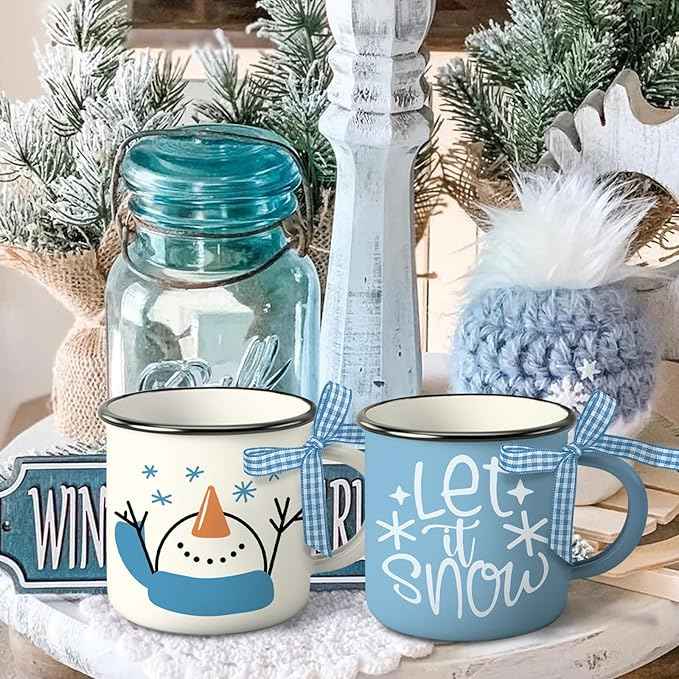Hello Winter Snowman Mini Coffee Mug Set of 3, Let It Snow Glove Snowflake 5 oz Mini Coffee Cups Tiered Tray Decor, Blue Christmas Holiday Kitchen Coffee Bar Decorations Housewarming Gift