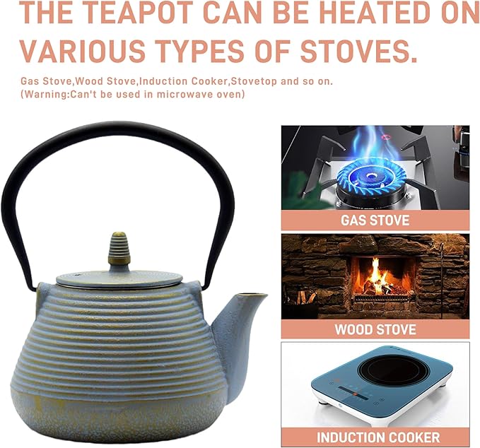 Teapot with Stainless Steel Infuser for Loose Tea, Cast Iron Tea Kettle for Stovetop Safe, Cast Iron Teapot Coated with Enameled Interior(33.8oz/1000ml)