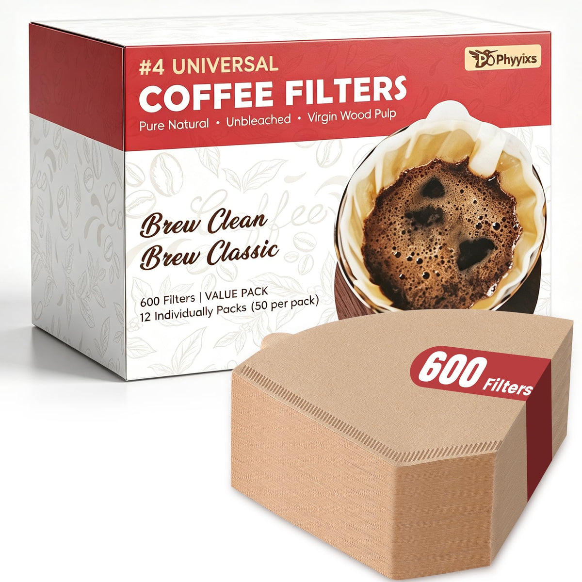 Pack of 600 #4 cone coffee filters in natural unbleached paper