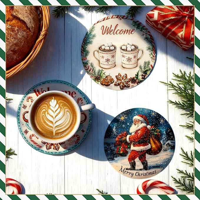 Christmas Drink Coasters Set of 6 with Black Holder and Cork Base, Absorbent Ceramic Coasters Round Decorative Coffee Table Decor for House Warming Gifts New Home