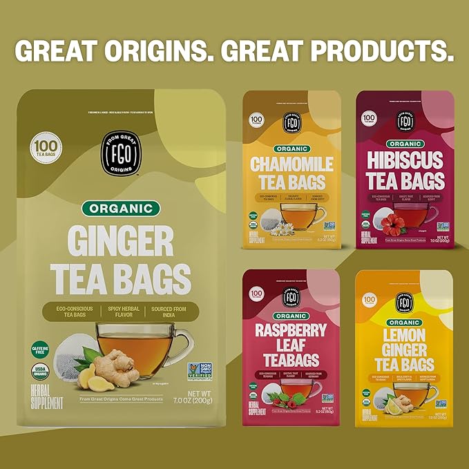 FGO Organic Ginger Tea, 20 Count, Eco-Conscious Tea Bags, Caffeine Free, Packaging May Vary (Pack of 1)