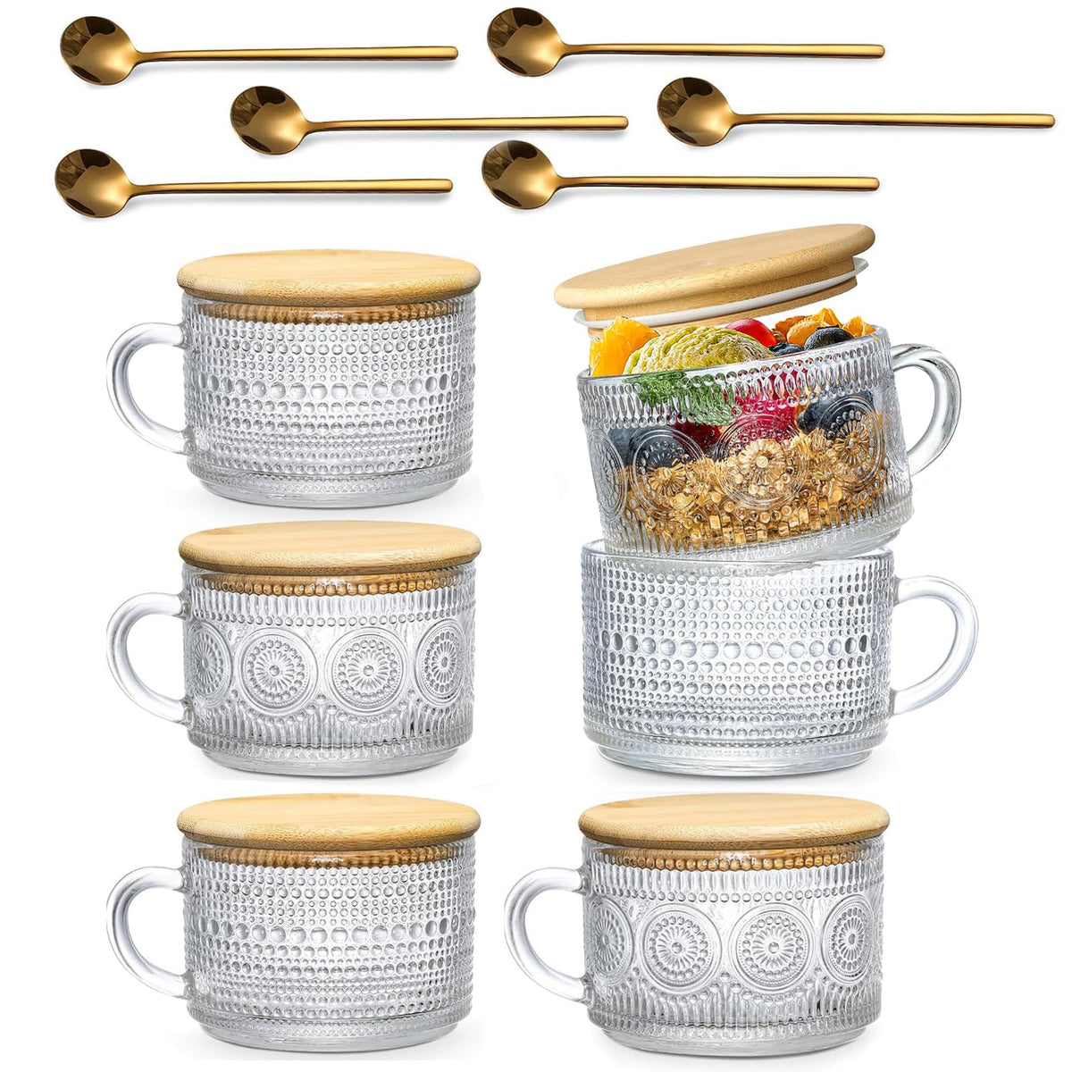 Set of six vintage glass coffee mugs with bamboo lids