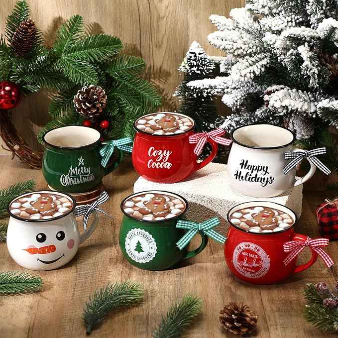 Sawysine Christmas Coffee Mugs Set of 6, 12 oz Ceramic Mug Gift Holiday Hot Cocoa for Family Mom Woman Friend Farmhouse(Snowman Style)