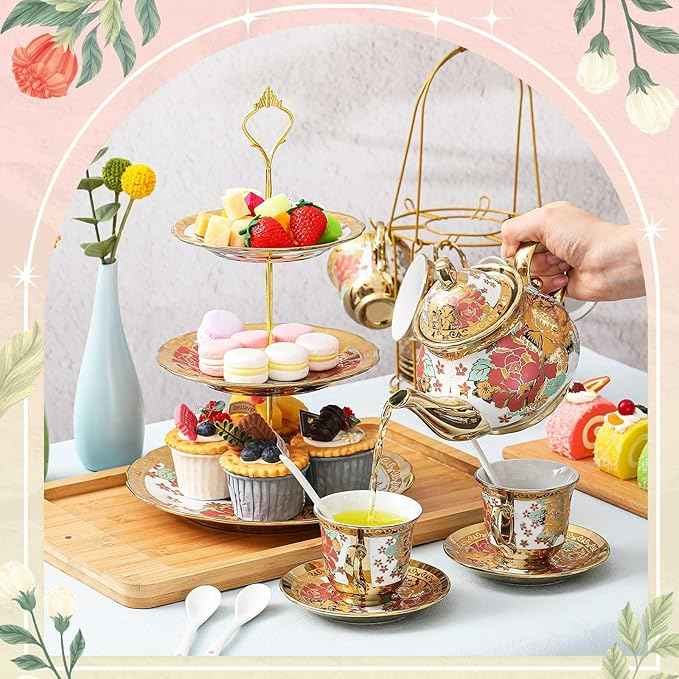 Maxcheck 21 Pcs Porcelain Tea Set for Women Tea Party with Metal Holder and 3 Tier Cake Stand Ceramic European Floral Teapot Set for Adults Mother's Day Christmas Thoughtful Gift(Vintage Style)