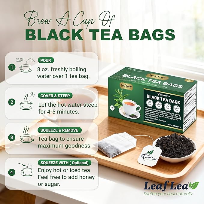 LeafLea 80 Black Tea Bags, Premium Black Tea Leaves, Rich Bright and Firmly Astringent, Promotes Digestive Comfort & Steady Alertness, Caffeinated, Sugar-Free, Vegan, Enjoy Hot or Iced