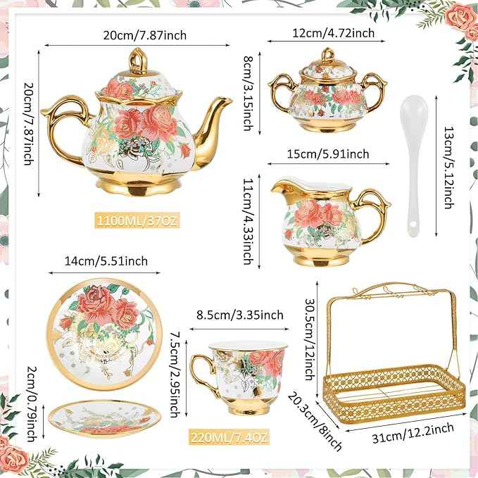 22 Pcs Vintage Porcelain Tea Set with Metal Stand, Ceramic Vintage Floral Tea Set for 6, European Style Teapot and Cups, Afternoon Service for Women Mom, Mothers Day Gift(White Rose Floral)