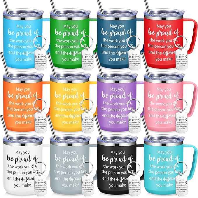 12 Sets Employee Appreciation Coffee Mug Gift 17oz Insulated Stainless Steel Tumbler with Handle and Keychains Thank You Gift for Coworkers Teacher