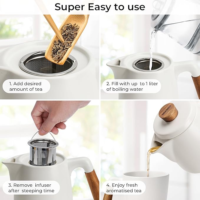 MIAMIO - Teapot Set with Warmer / 34 oz Tea Kettle with Infuser for Steeping Loose Tea Leaves - Gift for Women/Tea Lovers (White)