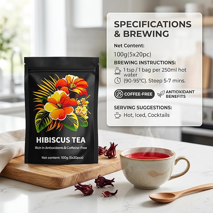 Andonisus Hibiscus Tea Organic, Caffeine Free, Antioxidant-Rich, 20 Tea Bags (2pcs)