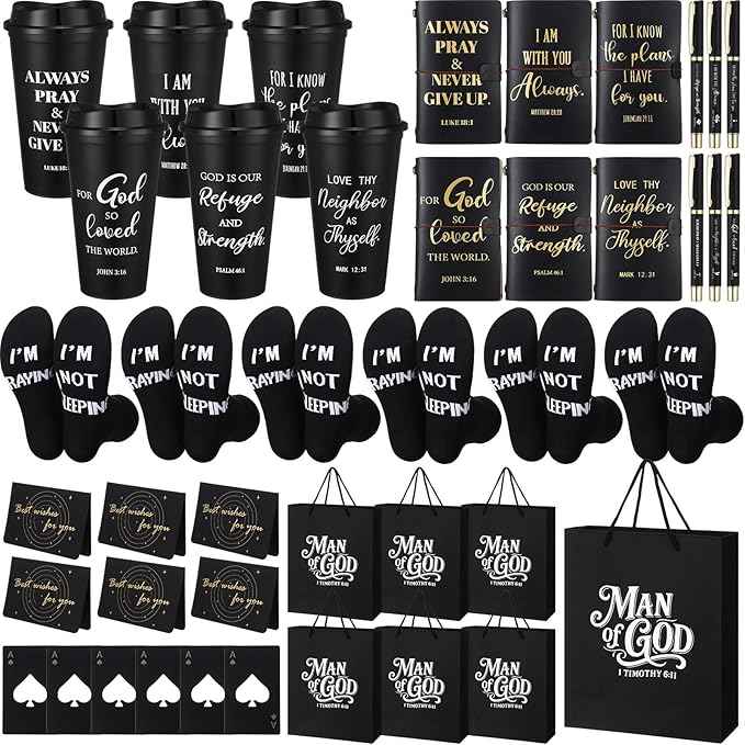 42 Pcs 6 Sets Christian Gifts for Men 16oz Reusable Religious Appreciation Bible Coffee Cups with Lid Black Leather Notebook Socks Pen Card with Bottle Opener for Father Coworker Pastor