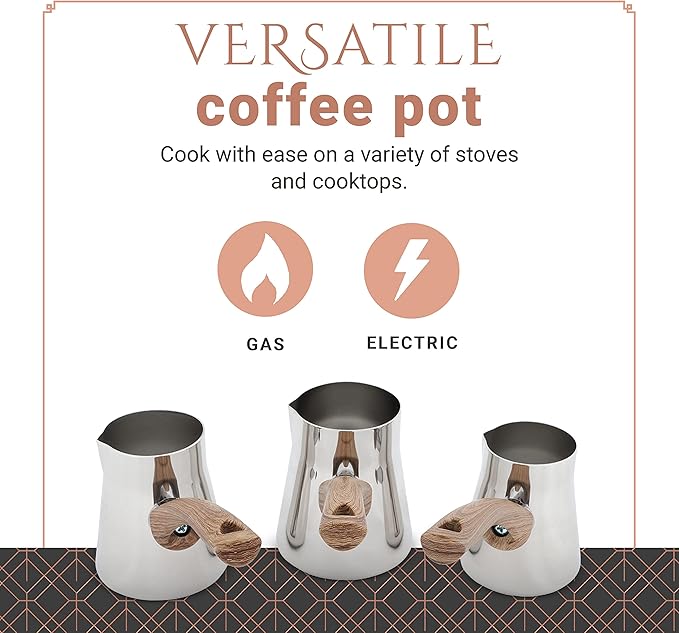 Serenk Turkish Coffee Pot Cezve, Milk Warmer, Ibrik Briki Greek Arabic Coffee Pot, Set of 3, Stovetop Coffee Maker, Turkish Cezve Traditional made of Stainless Steel, Rust Free w/Hanging Base