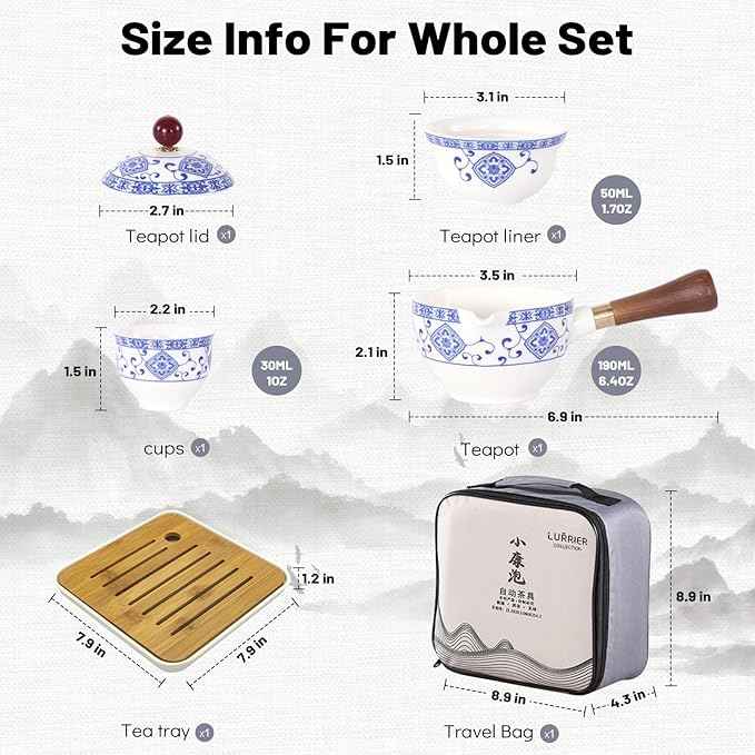 LURRIER Porcelain Chinese Gongfu Tea Set,Portable Teapot Set with 360 Rotation Tea maker and Infuser,Portable All in One Gift Bag for Travel,Home,Gifting,Outdoor and Office (Floral White)