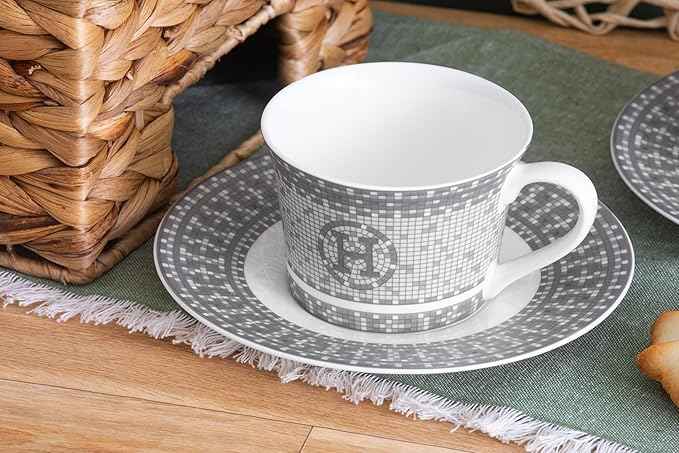 Porcelain Tea Set for 6 - Cups (6 oz) and Saucers - 12 Piece Tea Party Set for Black Tea, Cappuccino or Decor - Gorgeous Mosaic Design with Silver Accents - For All Occasions (12 Piece Set)