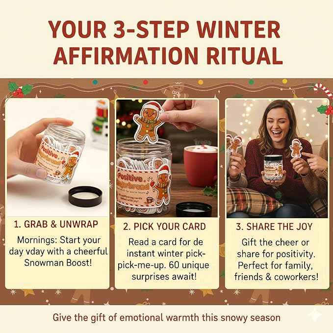 Positive Gingerbread Christmas Jar with 60 Affirmation Cards, Emotional Support Gingerbread Holiday Gift, Cute Gingerbread Decor, Christmas Gingerbread Gifts for Women, Men, Teens, Teachers