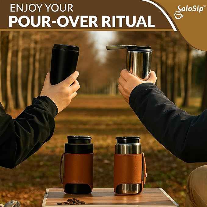 4-in-1 Portable Manual Pour Over Coffee Maker with Grinder – Travel & Camping Pour Over Set – All-in-One Portable Coffee Brewer Kit with Stainless Steel Kettle, Thermal Mug & Dripper