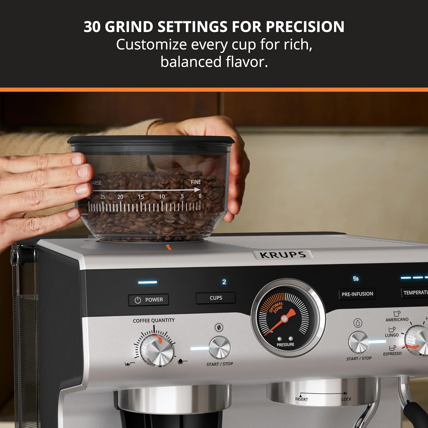 KRUPS Precision Espresso Coffee Machine with Grinder, Latte & Cappuccino Maker, Pump Pressure + Milk Frother Steam Wand, Adjustable Grind Settings for Barista-Quality Results, Stainless Steel & Black - Blissbrew