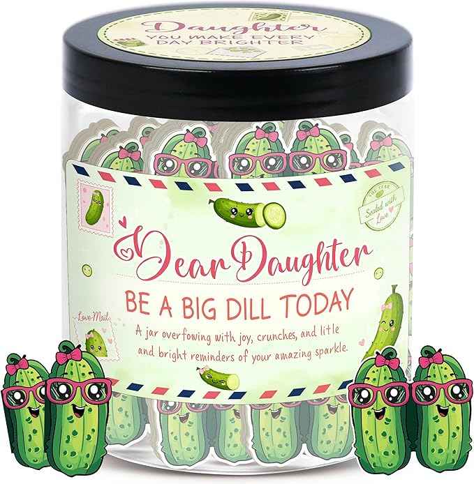 60 Positive Pickle Cards Jar for Daughter with Affirmation Cards, Daughters Birthday Gift Ideas from Mom, Dad, Daughter Gifts, Unique Birthday Gifts for Daughter in Law