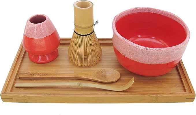 BambooMN Brand - Matcha Bowl Set (Includes Bowl, Rest,Tea Whisk, Chasaku, Tea Spoon & Tray) 1 Set Coral