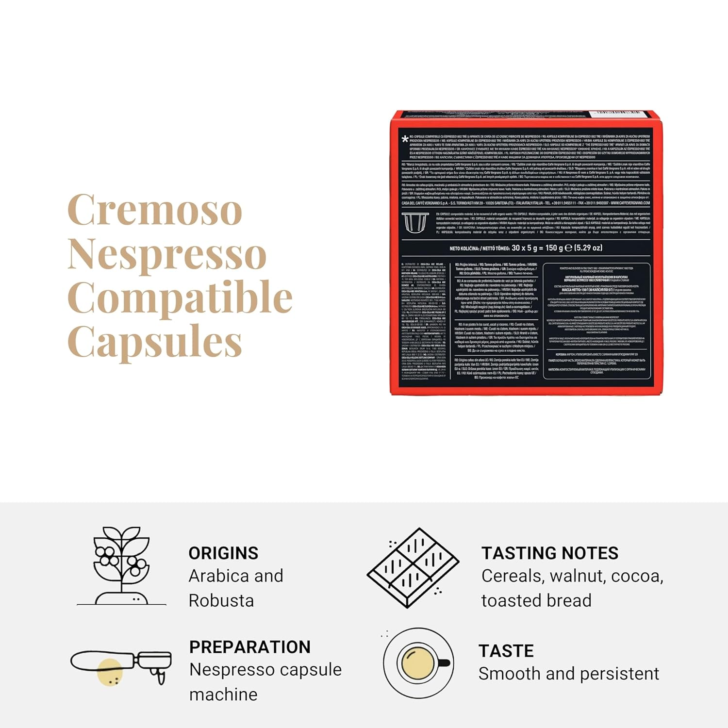 Caffe' Vergnano 1882 Medium Roast Espresso Original Line Machine Compatible Capsules, Single-Serve Arabica Robusta Espresso Coffee, Italian For Nespresso Machines, Intensity 6/10, Cremoso, 30 Ct