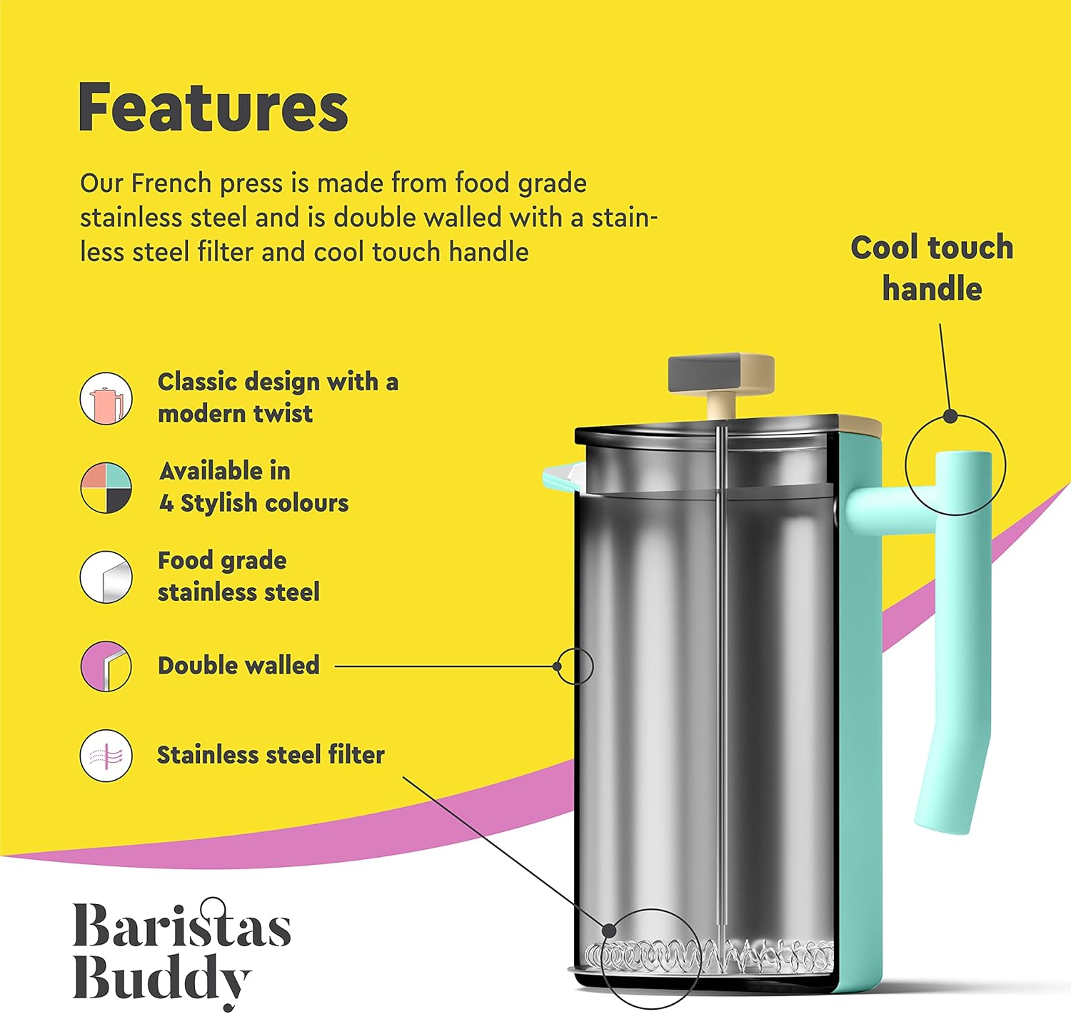 French Press Coffee Maker - Insulated, Stainless Steel Manual Coffee Makers For Home, Office Or Camping - Large 34oz Capacity For 4 Cups - Blissbrew