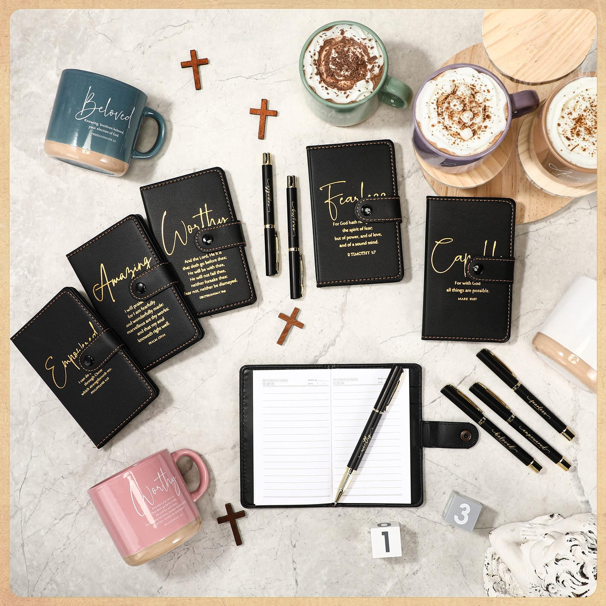 Set of 18 pieces: mugs, journals and pens