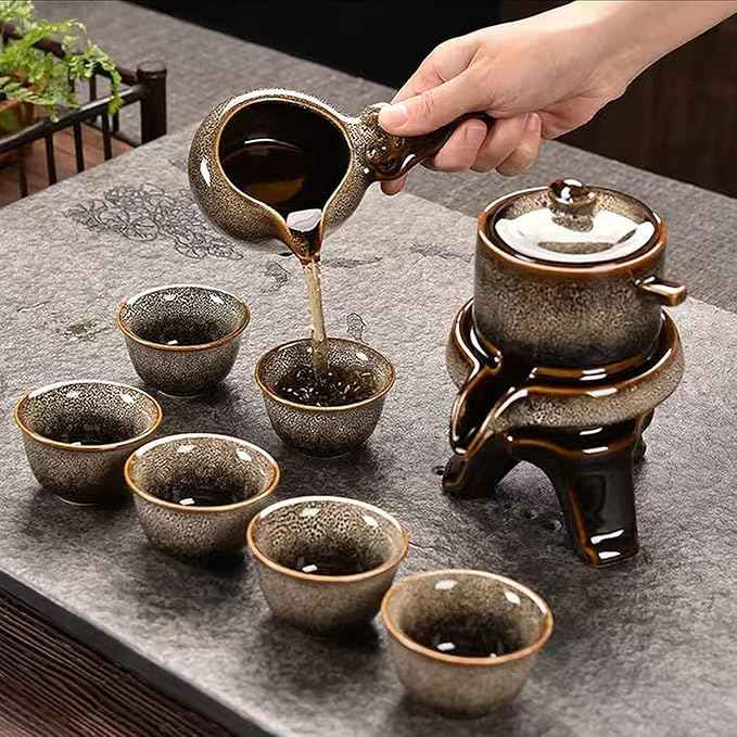 Lazy Tea Set, Automatic Stone Grinding Pot, GongFu Tea Set, Gift Box Suitable for Tea Ceremony Parties, Father's Day, Birthday and Christmas (Lazy Grey)