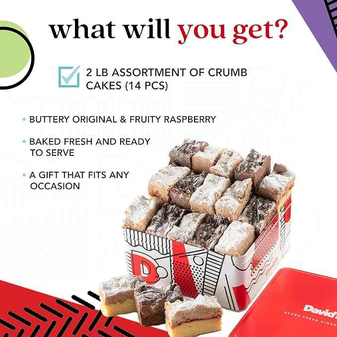 David's Cookies Fresh Baked Gourmet Crumb Cake Food Gift Basket - Gourmet Crumb Cake Assortment With Original Butter, Raspberry Gift Basket - Ideal Gift for Corporate Birthday Fathers Mothers Day Get Well and Other Special Occasions - 2 lb (14 pcs)