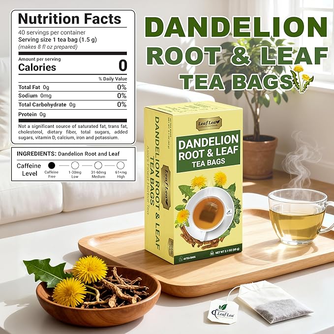 LeafLea 240 Dandelion Root and Leaf Tea Bags, Bulk Dandelion Tea Bags, Natural Dandelion Root Herbal Tea Blend, Te de Diente de Leon, Caffeine-Free, Sugar-Free, Individually Wrapped for Freshness