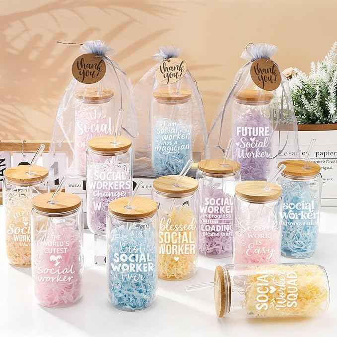 12 Set Social Worker Appreciation Gifts Bulk Christmas Gifts for Social Worker Employee Coworker Team Staff Thank You Gifts Glass Cups 16 oz with Lids Straws Brushes and Gift Cards