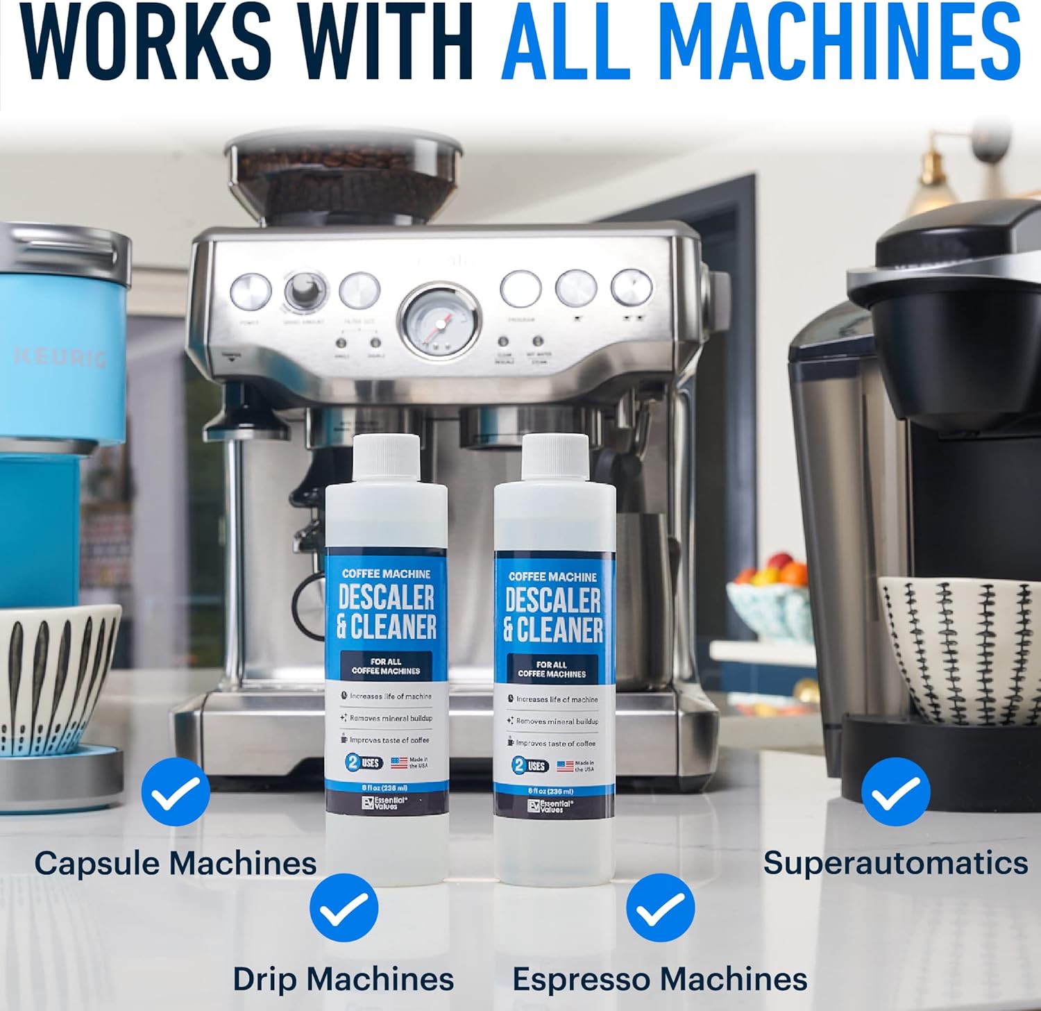 Essential Vales Descaling Solution (8 Uses) Coffee Machine Descaler Cleaner - Compatible with Breville Keurig Nespresso Delonghi - Liquid To Descale Coffee & Espresso Machines