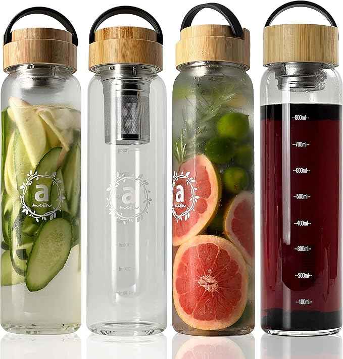 32oz Borosilicate Glass Water Bottle with Bamboo Lid and 2 Tea Infuser Sets for Fruit Infused Water and Cold Brew Coffee - Glass Tea Infuser Bottle with Strainer for Loose Leaf Tea