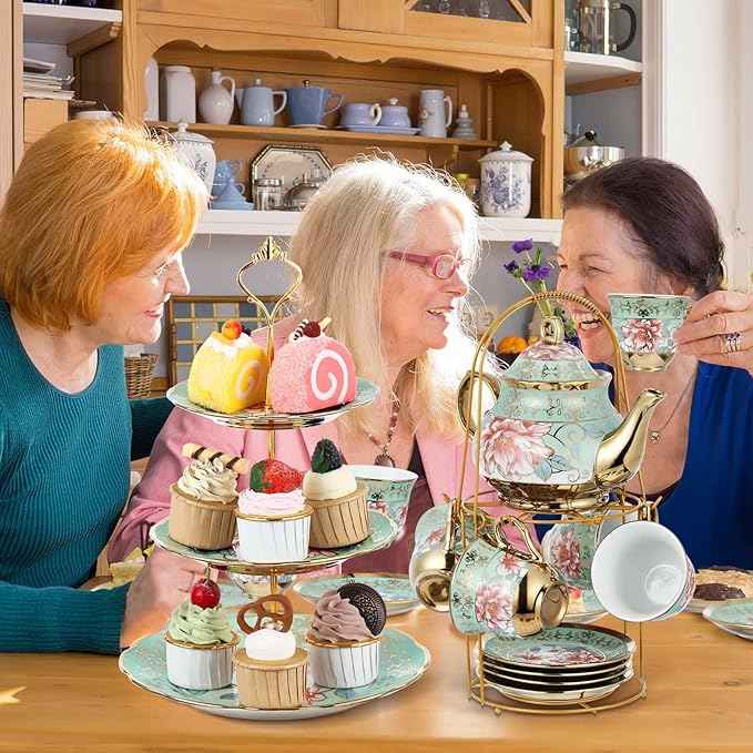 Maxcheck 21 Pcs Porcelain Tea Set for Women Tea Party with Metal Holder and 3 Tier Cake Stand Ceramic European Floral Teapot Set for Adults Mother's Day Christmas Thoughtful Gift(Fresh Style)