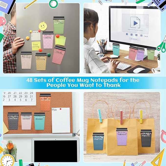 Mkway 48 Set Employee Appreciation Gifts Bulk Team - 48Pack Coffee Cup Notepad+48 Ballpoint Pens+ 48 Drawstring Gift Bags, Bulk Gifts for Coworkers/Staffs/Teachers/Christmas