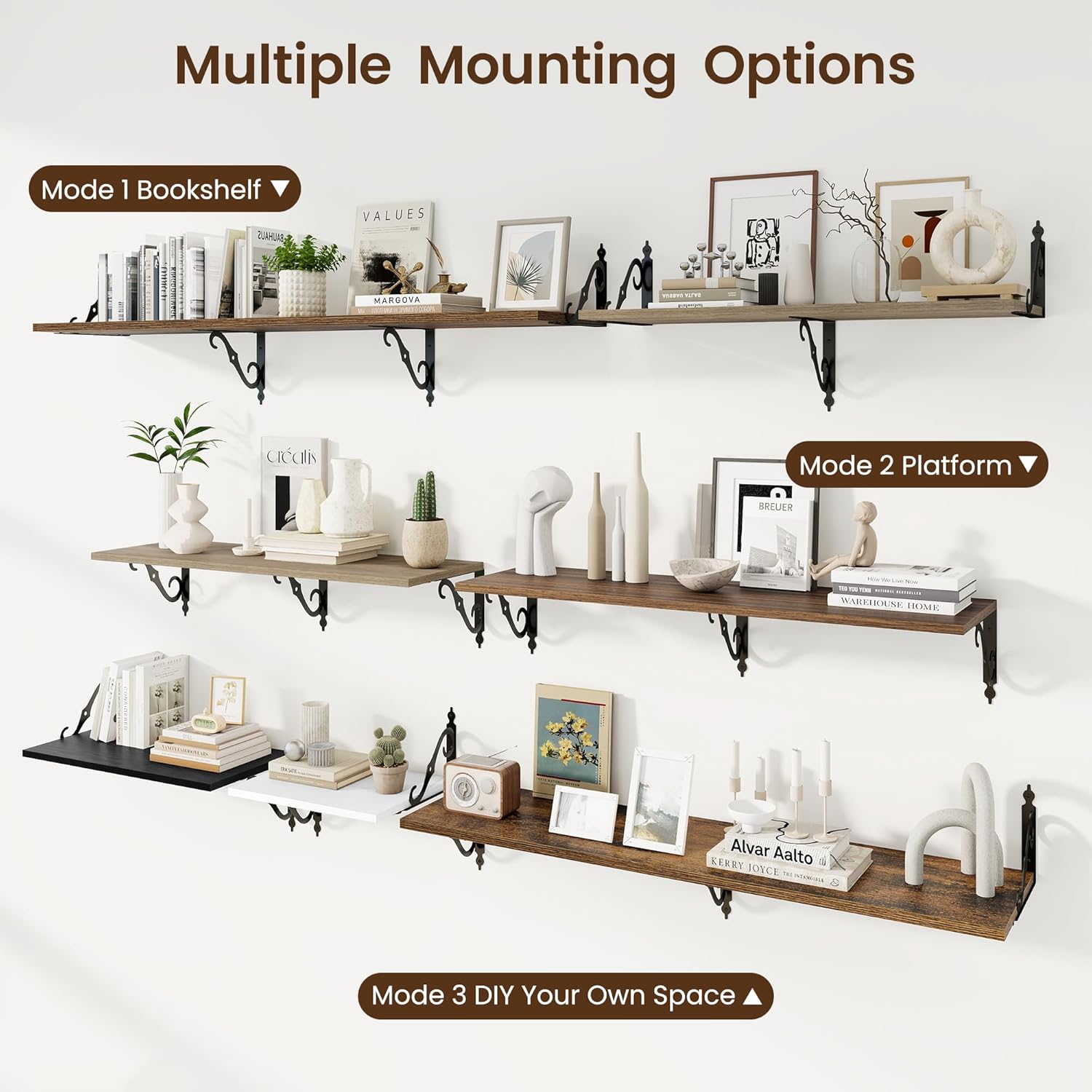 RICHFOCUS 12 Inch Deep Floating Shelves for Wall, 24" W x 12" D Wood Wall Shelves Set of 2, Wide Floating Shelves for Living Room, Bedroom, Kitchen, Bathroom and Decor Storage, Walnut