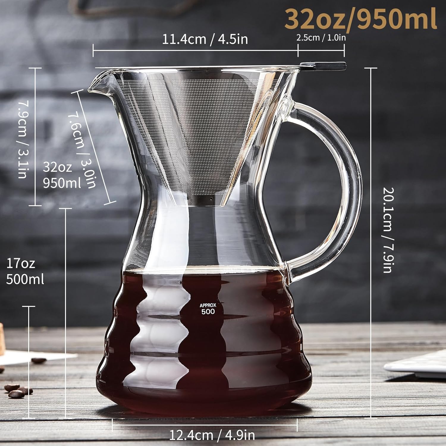 Unbreakable - Pour Over Coffee Maker with Permanent Stainless Filter 32 fl oz, Thickened Heat-Resistant Borosilicate Glass Dripper Coffee Brewer, Stovetop Safe - Blissbrew