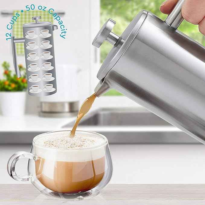 Belwares French Press Coffee Maker 50 oz - Large 304 Stainless Steel Double Wall Insulated Thermal Coffee Press for Home Kitchen, 4-Level Filtration with Extra Screens, Dishwasher Safe, 1.5L, Silver