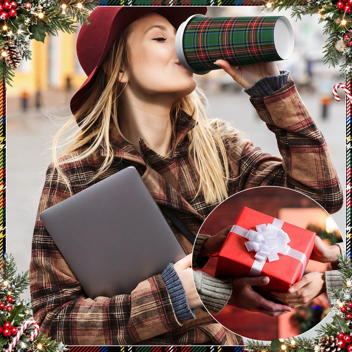 Holiday plaid coffee cups stacked together