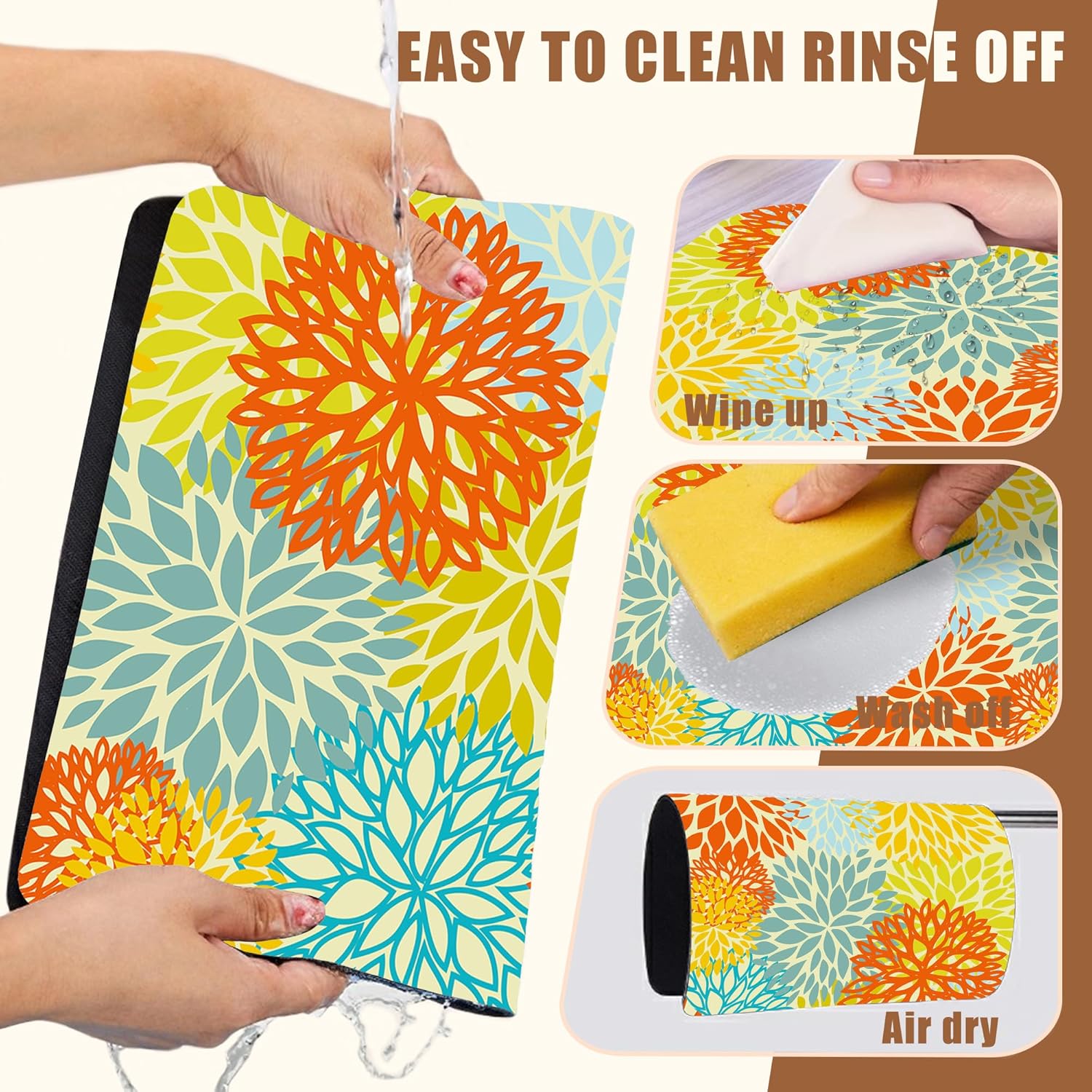Orange and Blue Chrysanthemum Flower Coffee Mat Absorbent Dish Drying Mat Hide Stain Rubber Backed Coffee Bar Accessories Fit Under Espresso Machine Cafe Table 15.7 x 23.6 Inch