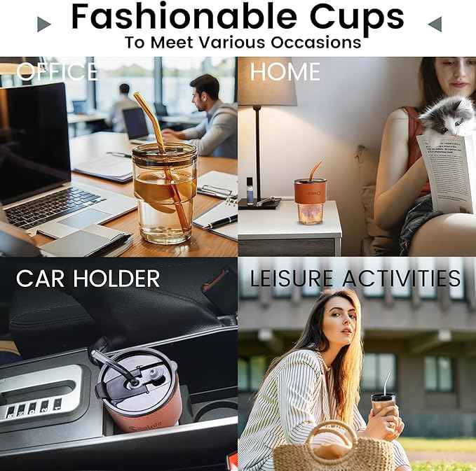 Iced Coffee Cup, 15 oz Glass Cups With Lids And Straws, Iced Coffee Glasses Tumbler, Thick Wall Mug For Tea Water With 2 Straw And Leather Sleeve, Glass Tumbler Gifts