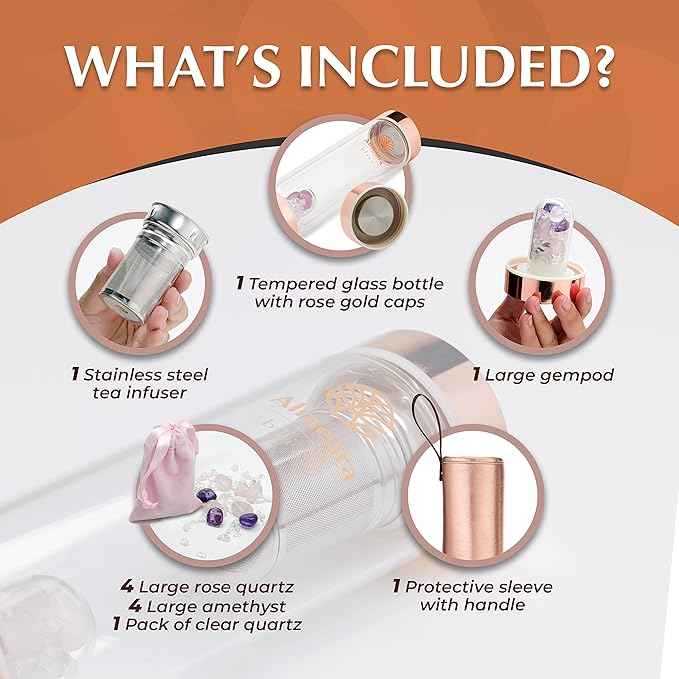 Almeara Crystal Water Bottle | Amethyst, Rose Quartz & Clear Quartz Crystals | Authentic Gemstones – Loose Leaf Tea infuser – Gem Elixir Infused Tempered Glass Water Bottle - Gift ready box - 16.9 oz