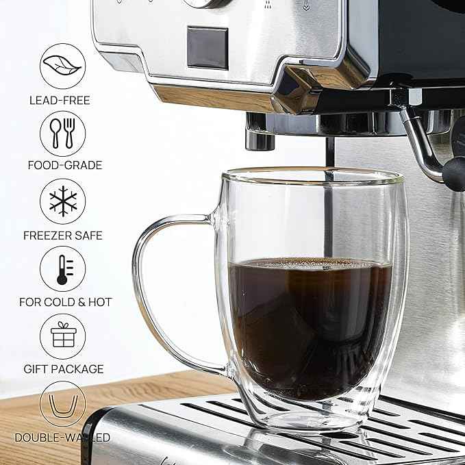 Double Wall Glass Coffee Mugs, 12 Oz Clear Coffee Mugs with Handle, Insulated Glass Coffee Mugs Set of 6, Perfect for Espresso, Cappuccino, Latte, Americano, Tea Bag, Beverage